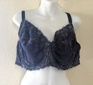 Women Cacique Unlined Full Coverage Bra Underwired Lace Blue/Gray Floral Bow 48D